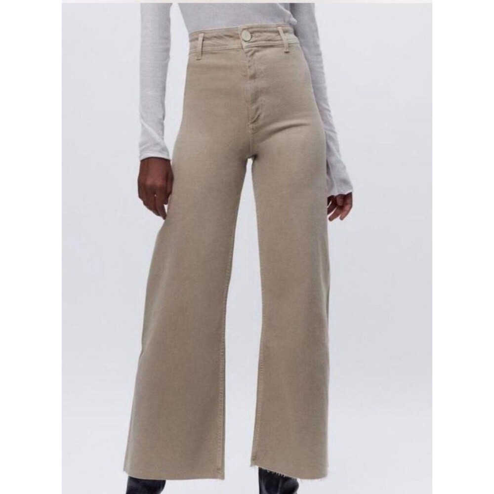Zara Marine Straight Jean Hi-Rise Wide-Leg Frayed Hem Light Beige Size 0